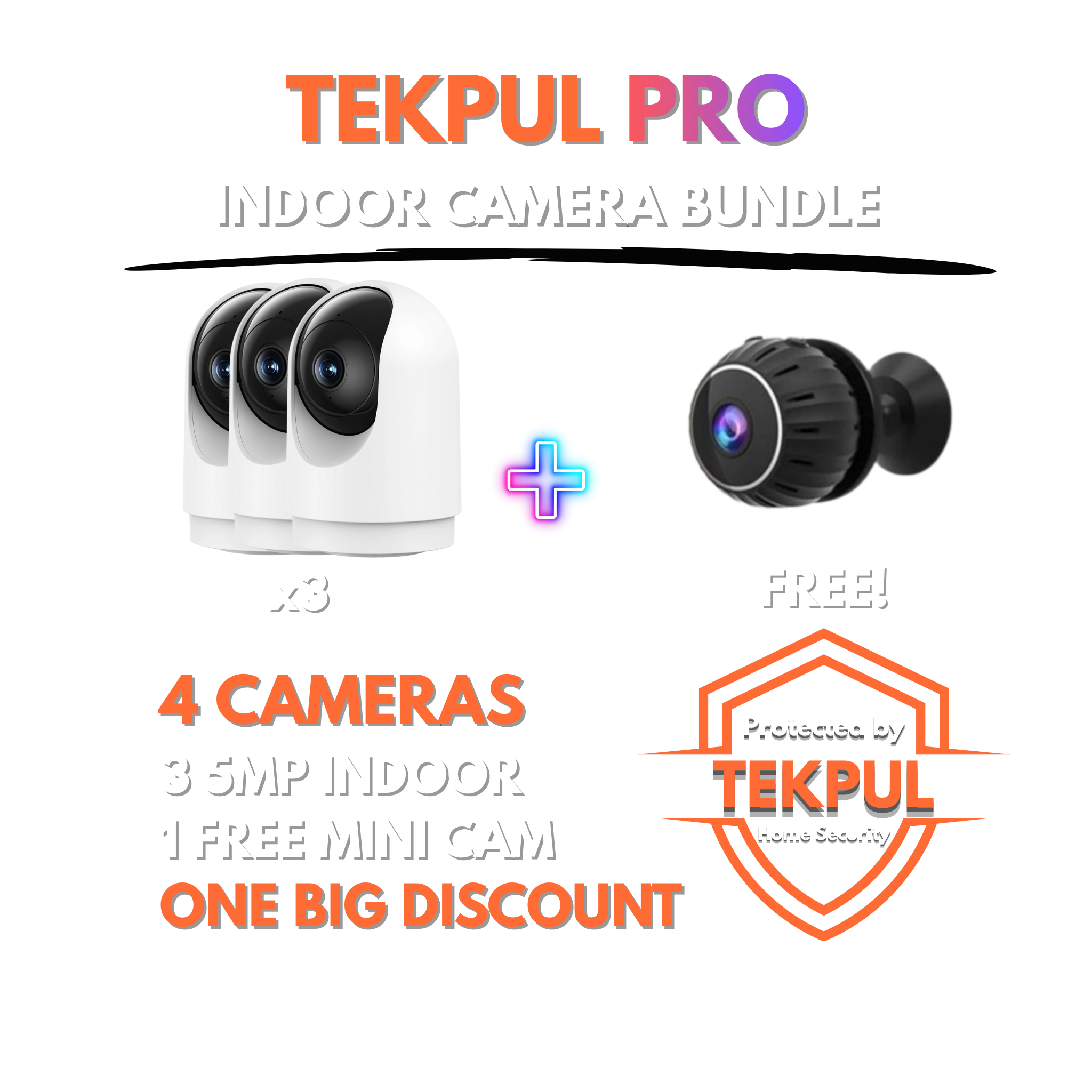Tekpul Indoor Coverage Pack — 3x 5MP Pan/Tilt Cameras + FREE Mini Cam